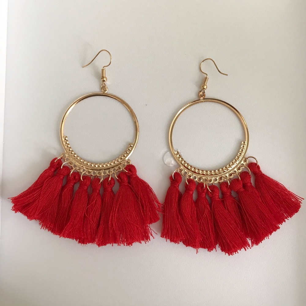 Red Fringe Earrings Gold Color